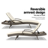 Furniture > Bar Stools & Chairs > Arm Chairs & Recliners - Gardeon 2PC Sun Lounge Wicker Lounger Outdoor Furniture Beach Chair Adjustable Cushion Grey&Beige - Garden Yard