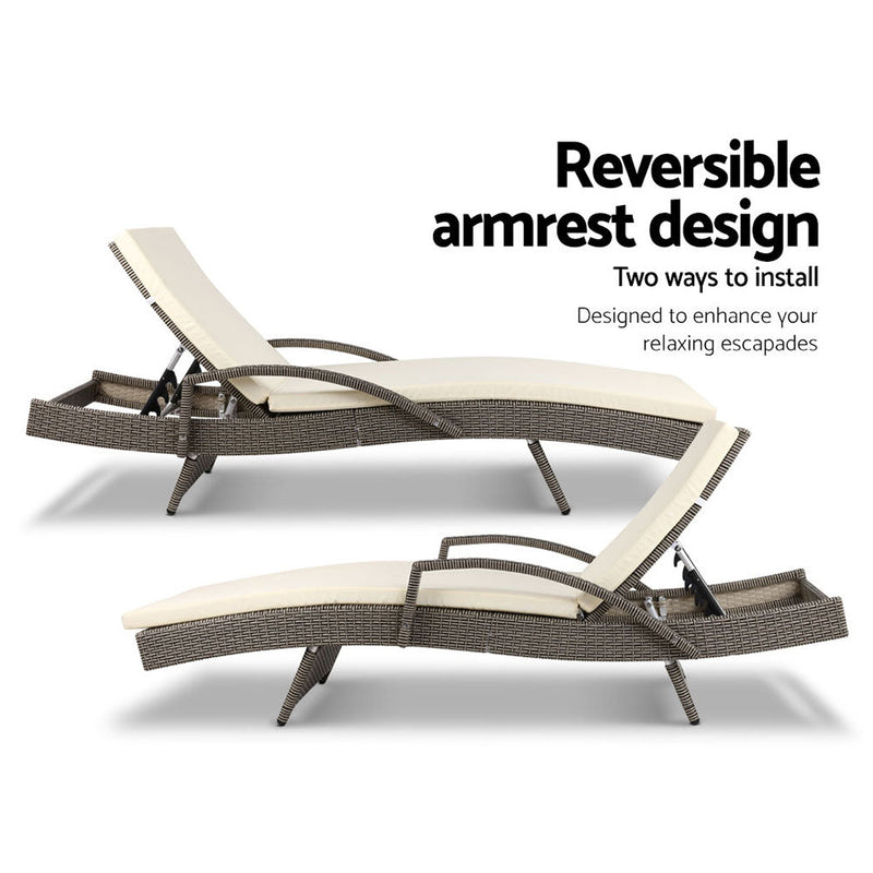 Furniture > Bar Stools & Chairs > Arm Chairs & Recliners - Gardeon 2PC Sun Lounge Wicker Lounger Outdoor Furniture Beach Chair Adjustable Cushion Grey&Beige - Garden Yard