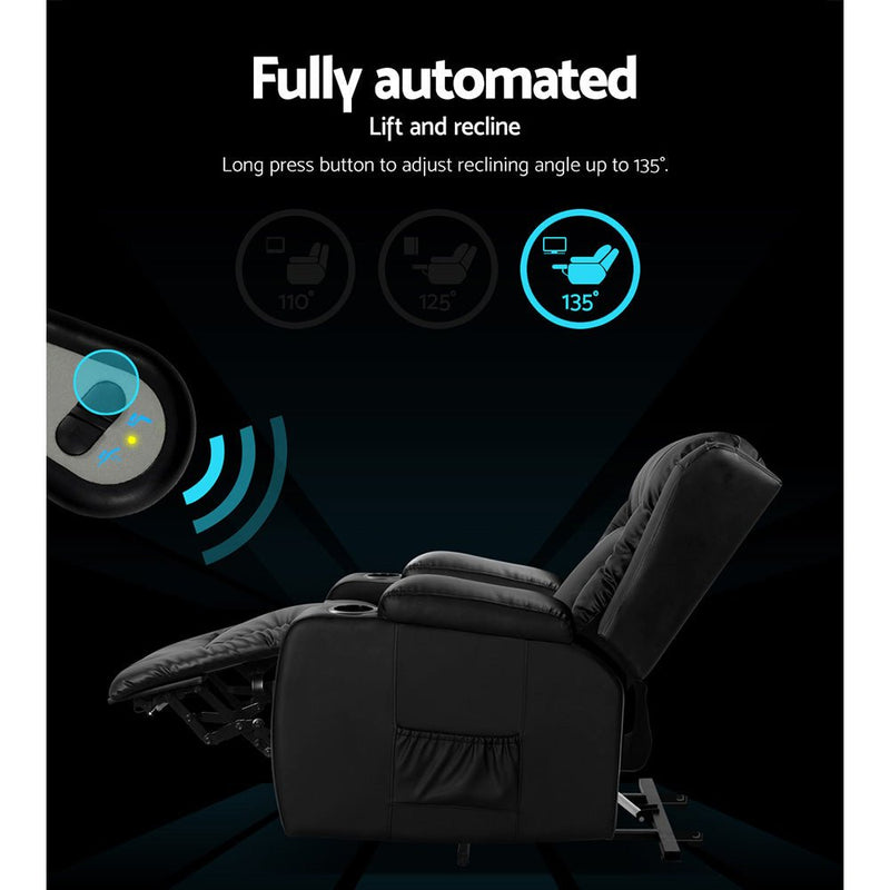 Furniture > Bar Stools & Chairs > Massage Chairs - Artiss Recliner Chair Lift Assist Heated Massage Chair Leather Rukwa - Garden Yard