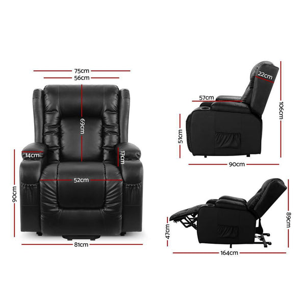 Furniture > Bar Stools & Chairs > Massage Chairs - Artiss Recliner Chair Lift Assist Heated Massage Chair Leather Rukwa - Garden Yard