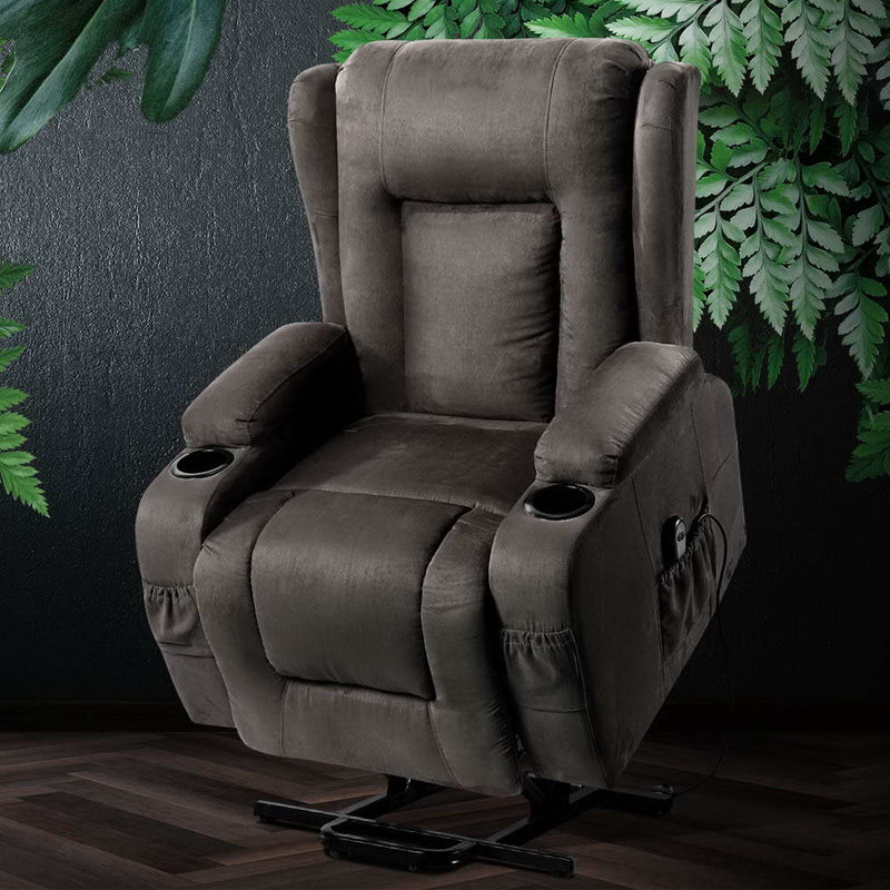 Furniture > Bar Stools & Chairs > Massage Chairs - Artiss Recliner Chair Lift Assist Heated Massage Chair Velvet Rukwa - Garden Yard