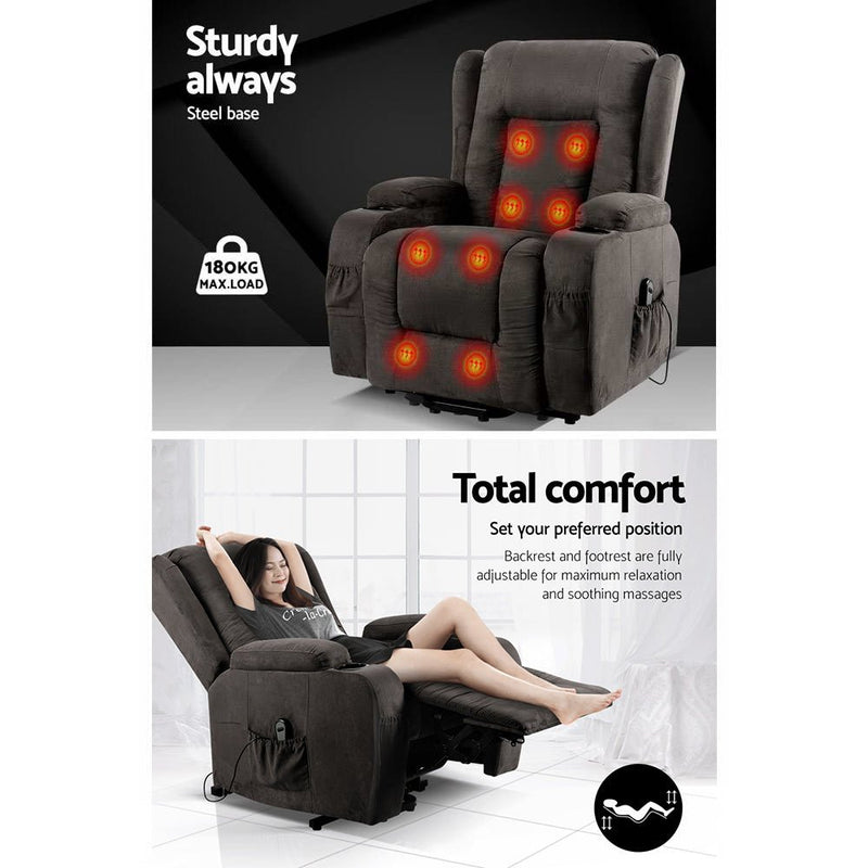 Furniture > Bar Stools & Chairs > Massage Chairs - Artiss Recliner Chair Lift Assist Heated Massage Chair Velvet Rukwa - Garden Yard
