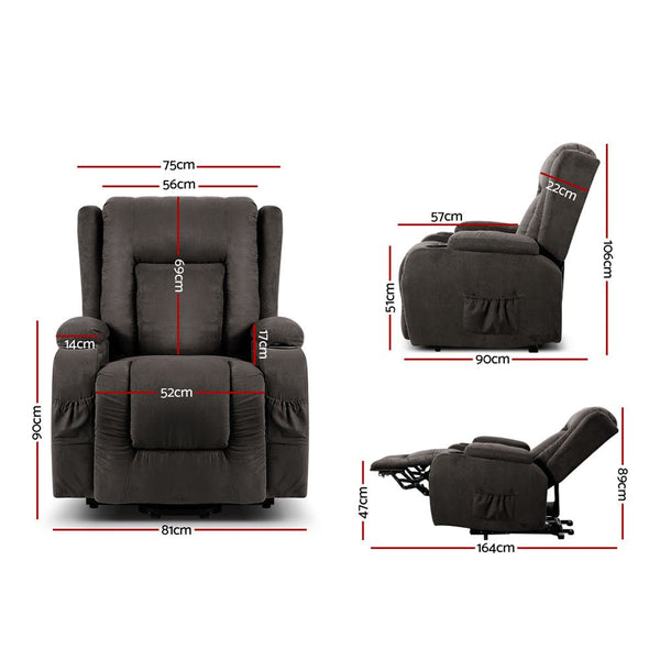 Furniture > Bar Stools & Chairs > Massage Chairs - Artiss Recliner Chair Lift Assist Heated Massage Chair Velvet Rukwa - Garden Yard