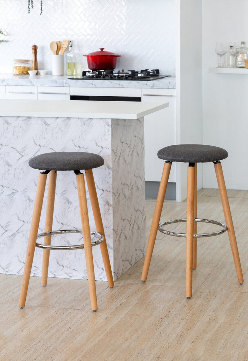 Furniture > Bar Stools & Chairs > Table & Bar Stools - 2 Cotton/Steel Modern Padded Barstools (Grey/Wood) - Garden Yard