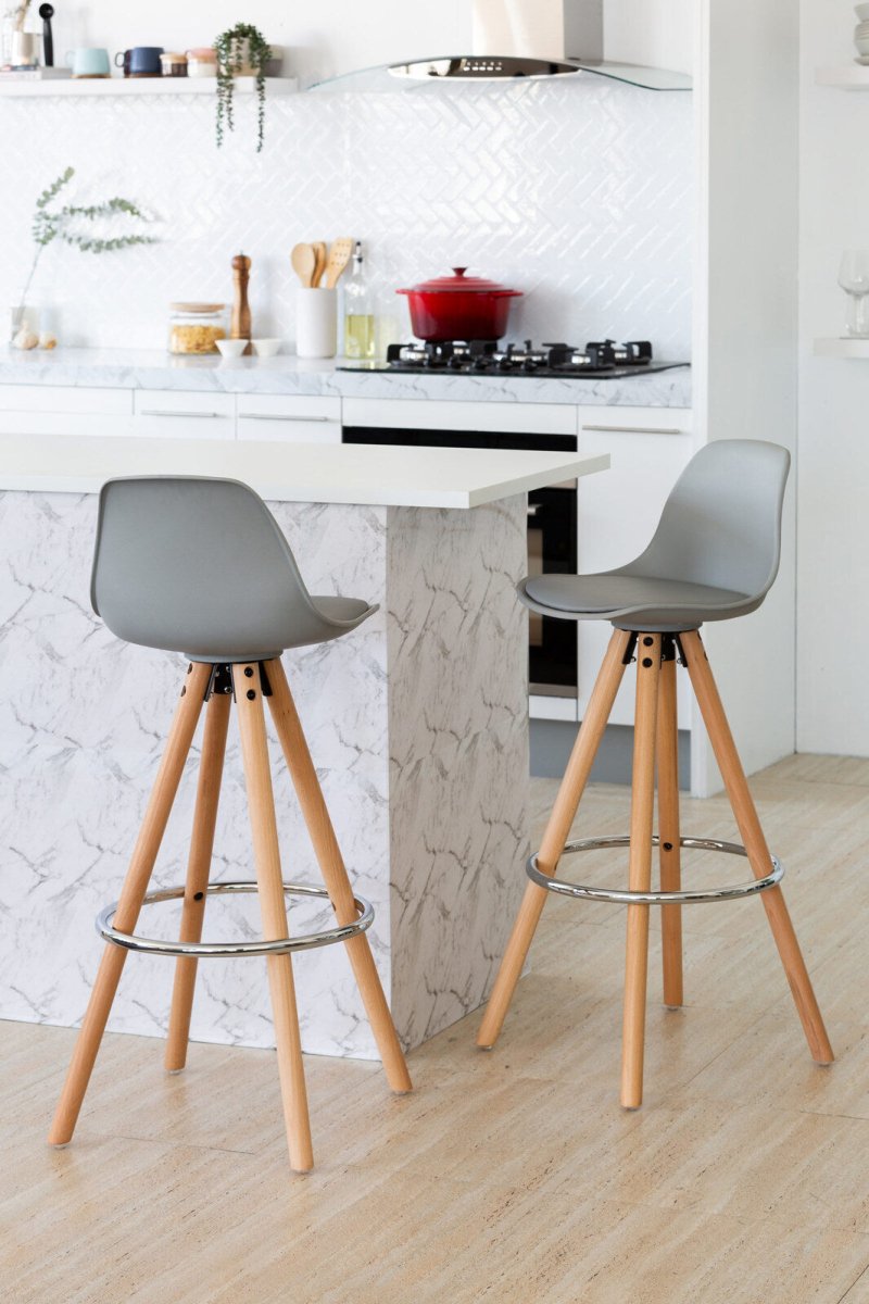 Furniture > Bar Stools & Chairs > Table & Bar Stools - 2 PU Leather Padded Barstools (Light Grey/Wood) with Metal Footrest - Garden Yard