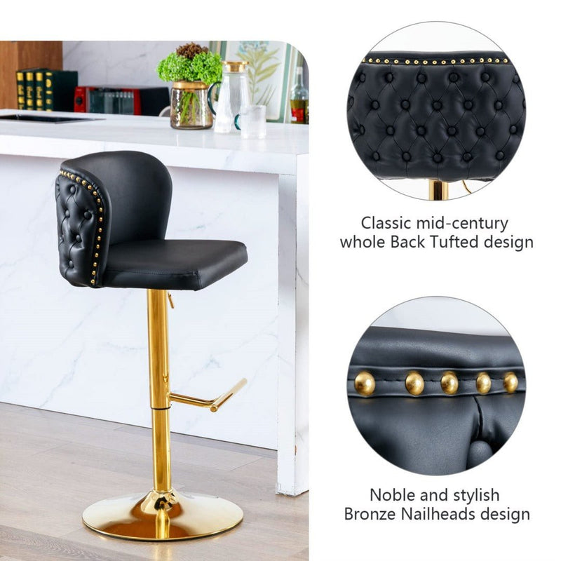 Furniture > Bar Stools & Chairs > Table & Bar Stools - 2x Faux Leather Golden Base Swivel Bar Stools - Black - Garden Yard