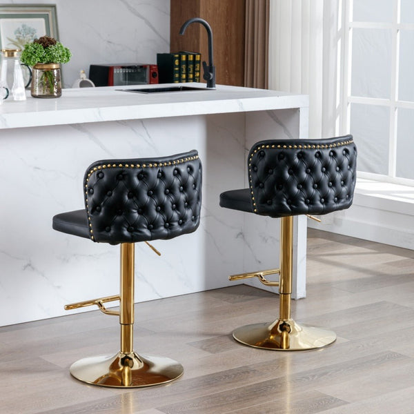 Furniture > Bar Stools & Chairs > Table & Bar Stools - 2x Faux Leather Golden Base Swivel Bar Stools - Black - Garden Yard