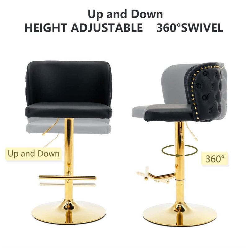Furniture > Bar Stools & Chairs > Table & Bar Stools - 2x Faux Leather Golden Base Swivel Bar Stools - Black - Garden Yard