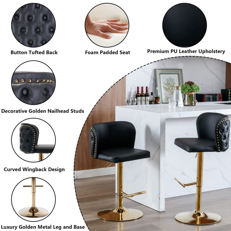 Furniture > Bar Stools & Chairs > Table & Bar Stools - 2x Faux Leather Golden Base Swivel Bar Stools - Black - Garden Yard