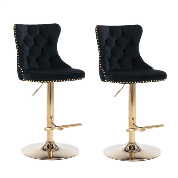 Furniture > Bar Stools & Chairs > Table & Bar Stools - 2x Height Adjustable Swivel Bar Stool Velvet Studs Barstool with Footrest and Golden Base - Black - Garden Yard