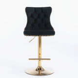 Furniture > Bar Stools & Chairs > Table & Bar Stools - 2x Height Adjustable Swivel Bar Stool Velvet Studs Barstool with Footrest and Golden Base - Black - Garden Yard