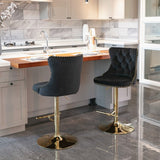 Furniture > Bar Stools & Chairs > Table & Bar Stools - 2x Height Adjustable Swivel Bar Stool Velvet Studs Barstool with Footrest and Golden Base - Black - Garden Yard