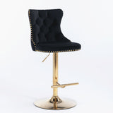 Furniture > Bar Stools & Chairs > Table & Bar Stools - 2x Height Adjustable Swivel Bar Stool Velvet Studs Barstool with Footrest and Golden Base - Black - Garden Yard