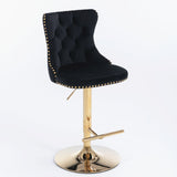 Furniture > Bar Stools & Chairs > Table & Bar Stools - 2x Height Adjustable Swivel Bar Stool Velvet Studs Barstool with Footrest and Golden Base - Black - Garden Yard