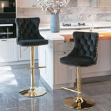 Furniture > Bar Stools & Chairs > Table & Bar Stools - 2x Height Adjustable Swivel Bar Stool Velvet Studs Barstool with Footrest and Golden Base - Black - Garden Yard