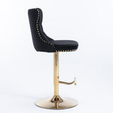 Furniture > Bar Stools & Chairs > Table & Bar Stools - 2x Height Adjustable Swivel Bar Stool Velvet Studs Barstool with Footrest and Golden Base - Black - Garden Yard