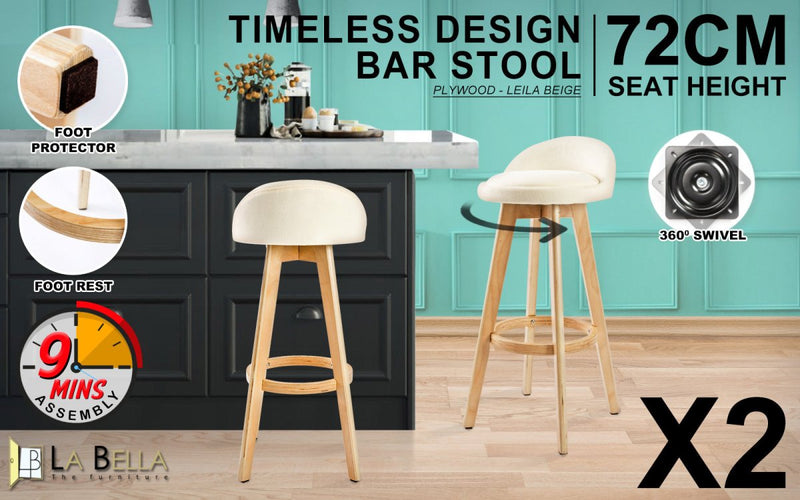 Furniture > Bar Stools & Chairs > Table & Bar Stools - 2X Wood Bar Stool Dining Chair Fabric LEILA 72cm BEIGE - Garden Yard