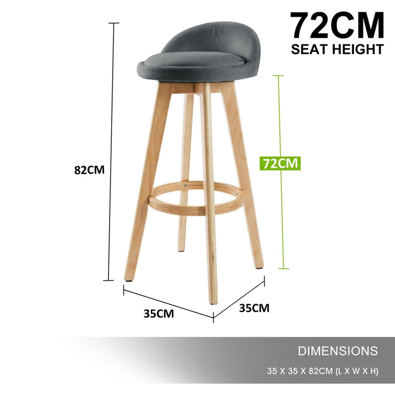 Furniture > Bar Stools & Chairs > Table & Bar Stools - 2X Wooden Bar Stool Dining Chair Fabric LEILA 72cm GREY - Garden Yard