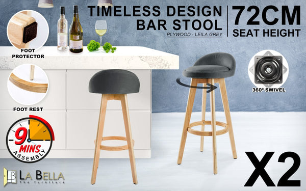 Furniture > Bar Stools & Chairs > Table & Bar Stools - 2X Wooden Bar Stool Dining Chair Fabric LEILA 72cm GREY - Garden Yard