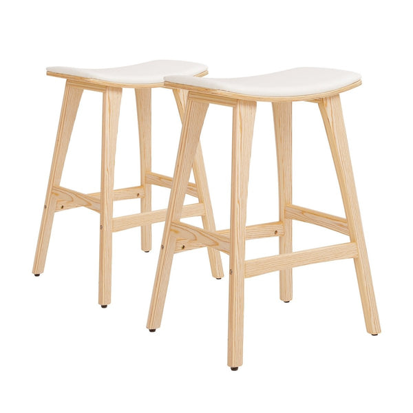 Furniture > Bar Stools & Chairs > Table & Bar Stools - 2X Wooden Bar Stool Padded Fabric Dining Chair KANSO 65cm BEIGE - Garden Yard