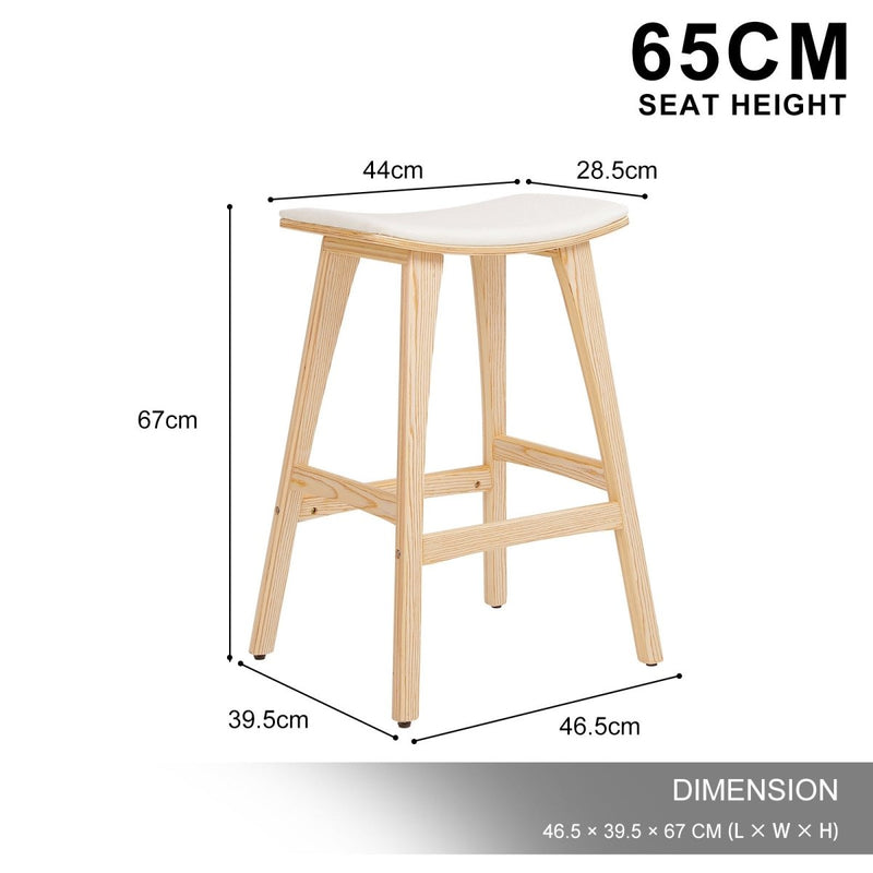 Furniture > Bar Stools & Chairs > Table & Bar Stools - 2X Wooden Bar Stool Padded Fabric Dining Chair KANSO 65cm BEIGE - Garden Yard