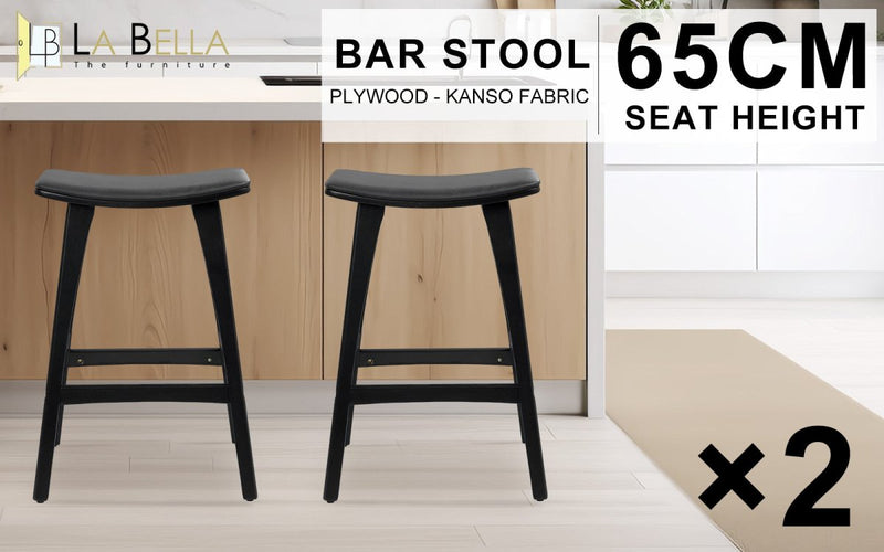 Furniture > Bar Stools & Chairs > Table & Bar Stools - 2X Wooden Bar Stool Padded PU Leather Dining Chair KANSO 65cm BLACK - Garden Yard