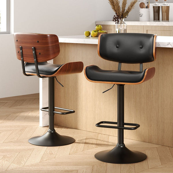 Furniture > Bar Stools & Chairs > Table & Bar Stools - Artiss 2x Bar Stools Gas Lift Leather All Black - Garden Yard
