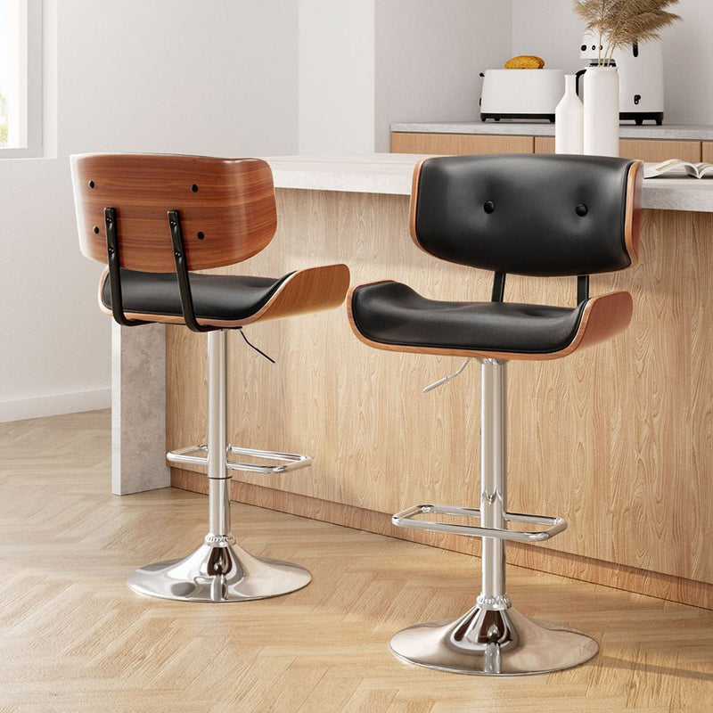 Furniture > Bar Stools & Chairs > Table & Bar Stools - Artiss 2x Bar Stools Gas Lift Leather Black - Garden Yard
