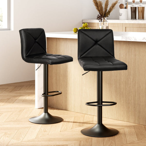 Furniture > Bar Stools & Chairs > Table & Bar Stools - Artiss 2x Bar Stools Kitchen Dining Chairs Gas Lift Stool Leather Black - Garden Yard