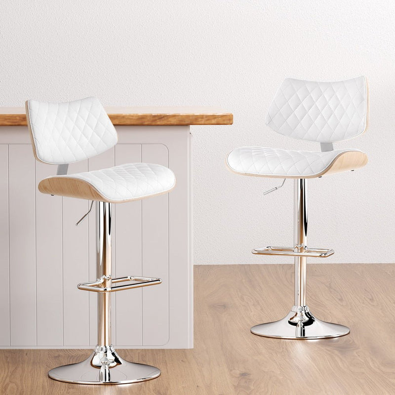 Furniture > Bar Stools & Chairs > Table & Bar Stools - Artiss 2x Bar Stools Kitchen Dining Chairs Gas Lift Stool Wooden Leather White - Garden Yard