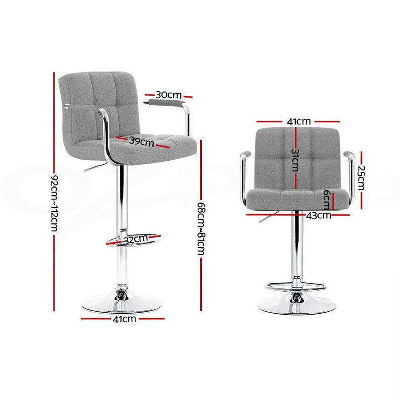 Furniture > Bar Stools & Chairs > Table & Bar Stools - Artiss 4x Bar Stools Fabric Gas Lift w/Armrest Grey - Garden Yard