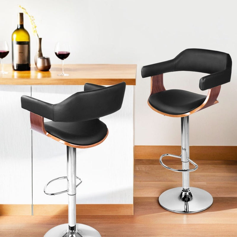 Furniture > Bar Stools & Chairs > Table & Bar Stools - Artiss 4x Bar Stools Gas Lift Leather w/Armrest Black - Garden Yard