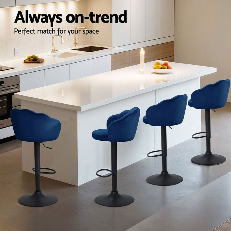 Furniture > Bar Stools & Chairs > Table & Bar Stools - Artiss 4x Bar Stools Gas Lift Velvet Blue - Garden Yard