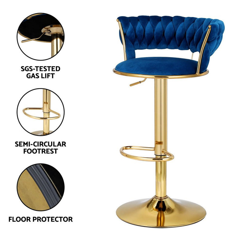 Furniture > Bar Stools & Chairs > Table & Bar Stools - Artiss 4x Bar Stools Gas Lift Velvet Woven Backrest Navy - Garden Yard