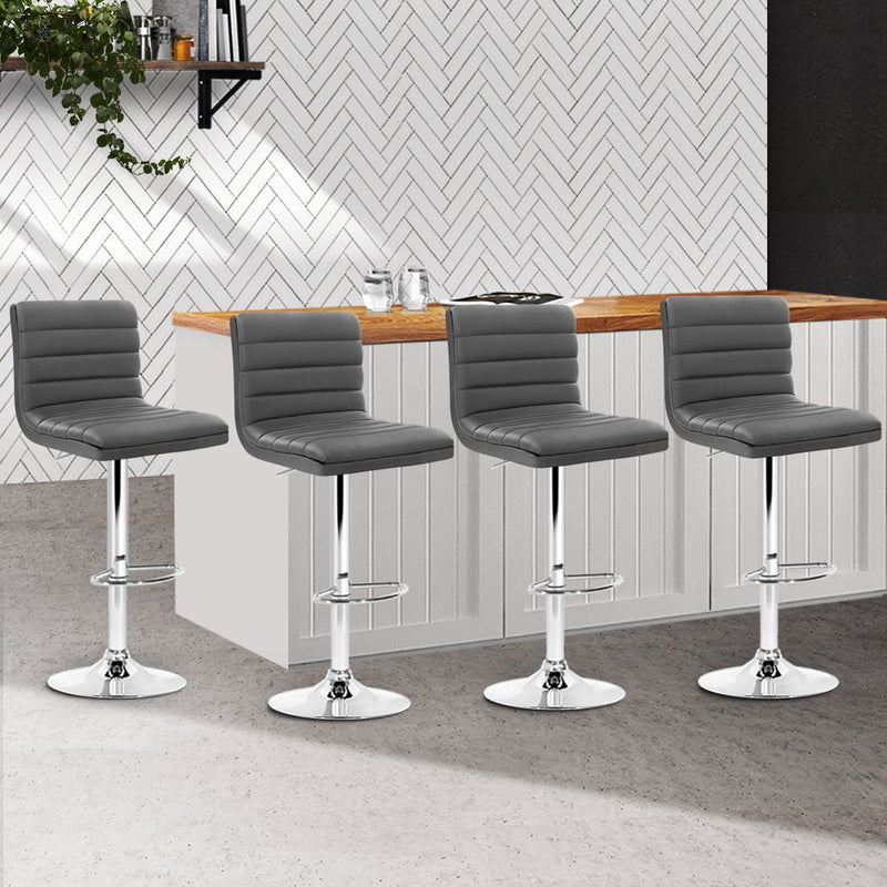 Furniture > Bar Stools & Chairs > Table & Bar Stools - Artiss Set of 4 PU Leather Lined Pattern Bar Stools - Grey and Chrome - Garden Yard