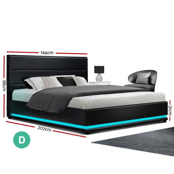 Furniture > Bedroom > Beds & Bed Frames - Artiss Bed Frame Double Size LED Gas Lift Black LUMI - Garden Yard