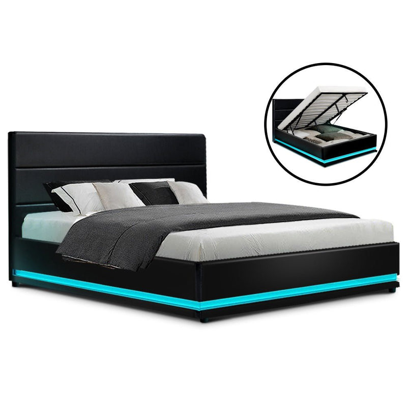 Furniture > Bedroom > Beds & Bed Frames - Artiss Bed Frame Double Size LED Gas Lift Black LUMI - Garden Yard