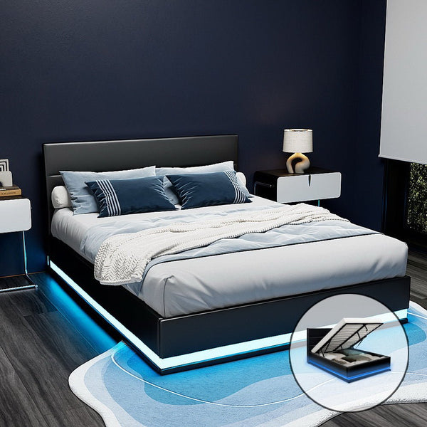 Furniture > Bedroom > Beds & Bed Frames - Artiss Bed Frame Double Size LED Gas Lift Black LUMI - Garden Yard