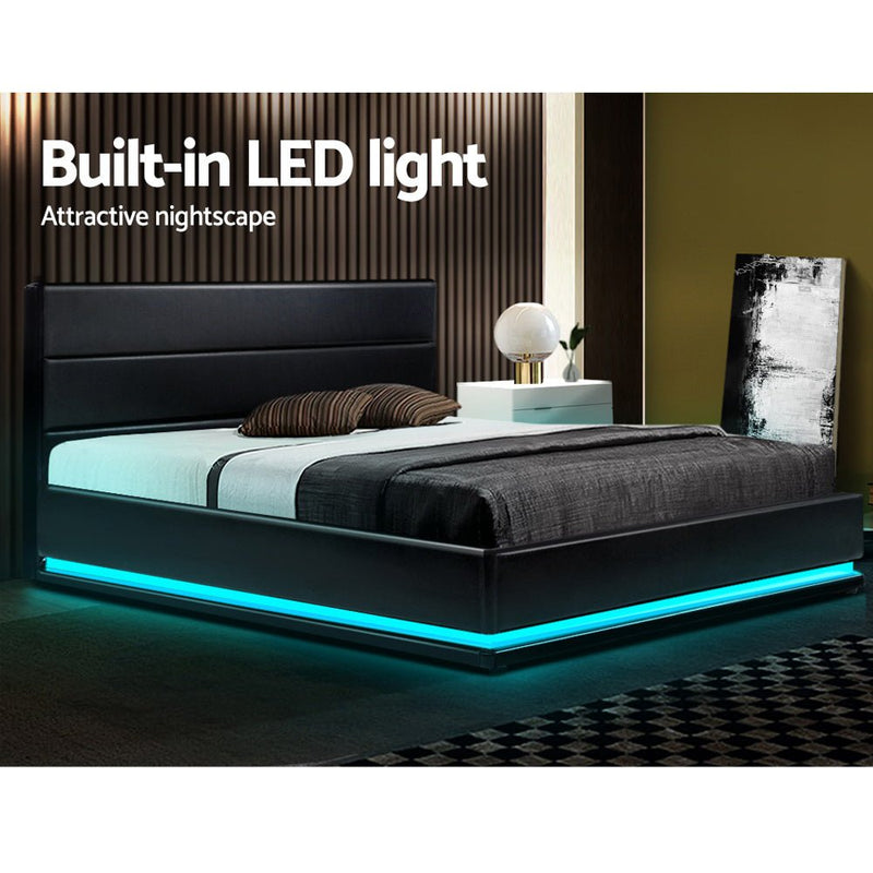 Furniture > Bedroom > Beds & Bed Frames - Artiss Bed Frame Double Size LED Gas Lift Black LUMI - Garden Yard