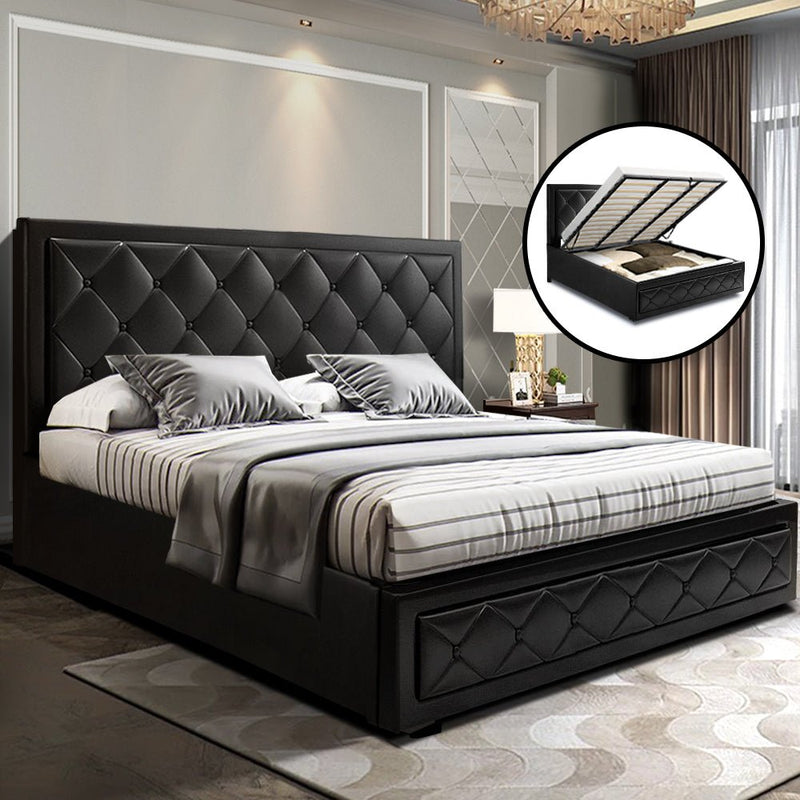 Furniture > Bedroom > Beds & Bed Frames - Artiss Bed Frame King Size Gas Lift Black TIYO - Garden Yard