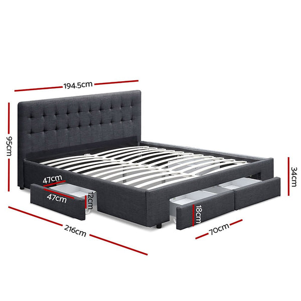 Furniture > Bedroom > Beds & Bed Frames - Artiss Bed Frame King Size with 4 Drawers Charcoal AVIO - Garden Yard