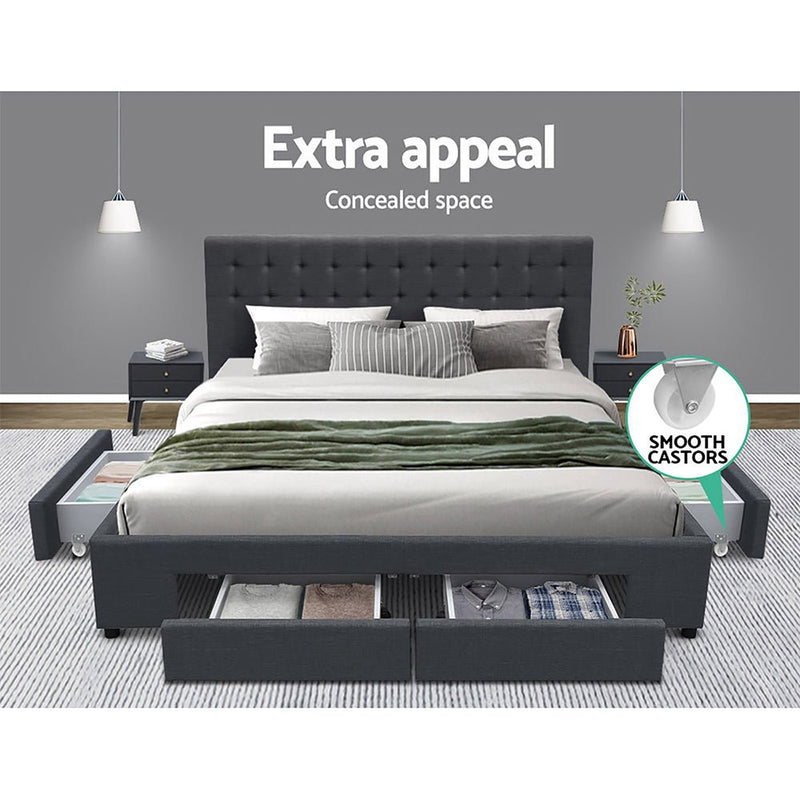Furniture > Bedroom > Beds & Bed Frames - Artiss Bed Frame King Size with 4 Drawers Charcoal AVIO - Garden Yard