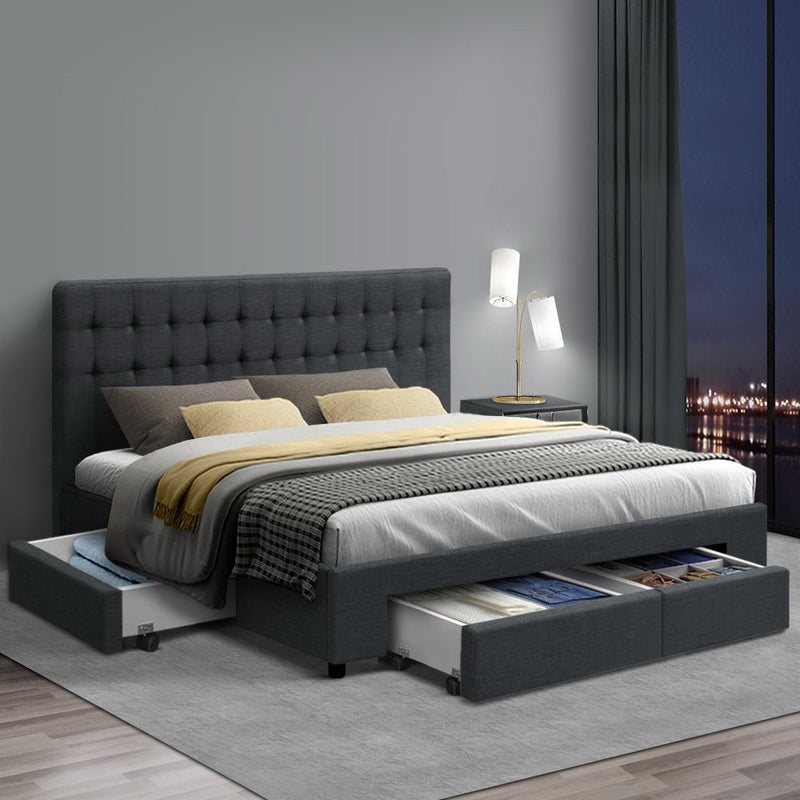 Furniture > Bedroom > Beds & Bed Frames - Artiss Bed Frame King Size with 4 Drawers Charcoal AVIO - Garden Yard