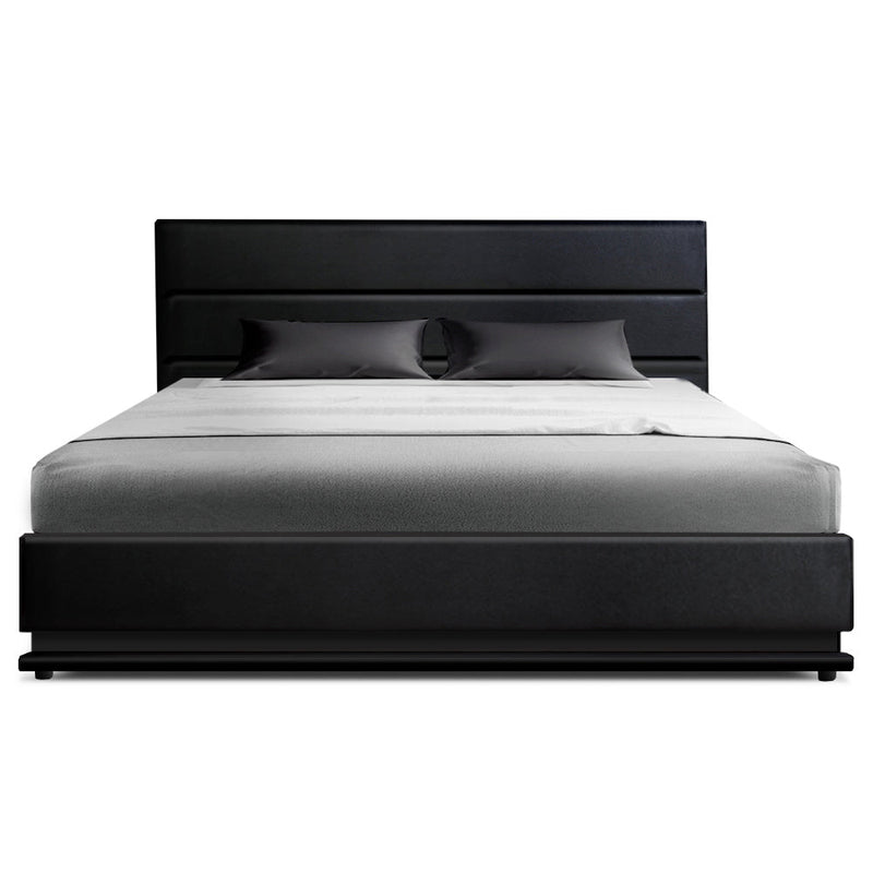 Furniture > Bedroom > Beds & Bed Frames - Artiss Bed Frame Queen Size LED Gas Lift Black LUMI - Garden Yard