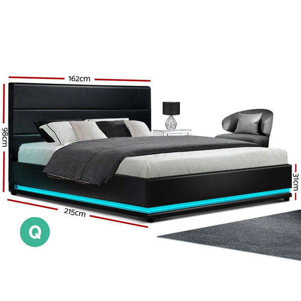 Furniture > Bedroom > Beds & Bed Frames - Artiss Bed Frame Queen Size LED Gas Lift Black LUMI - Garden Yard