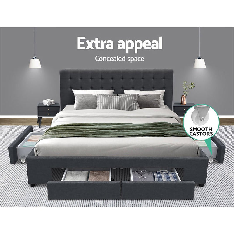 Furniture > Bedroom > Beds & Bed Frames - Artiss Bed Frame Queen Size with 4 Drawers Charcoal AVIO - Garden Yard