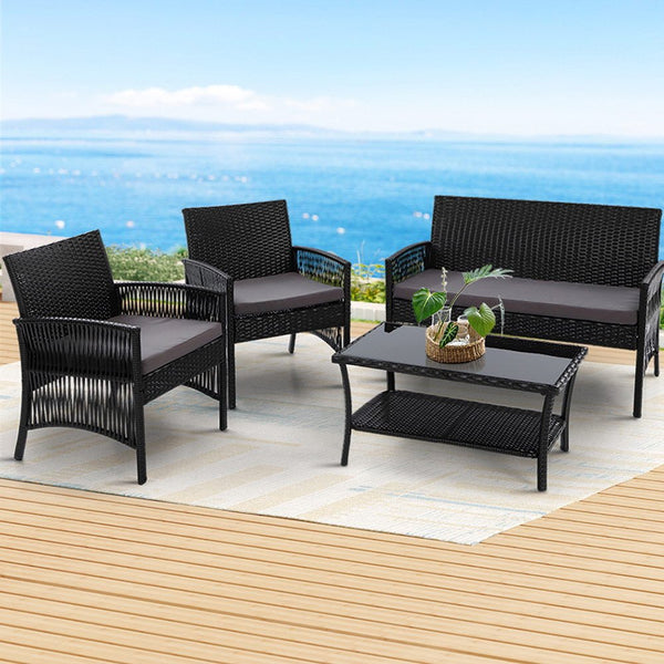 Furniture > Outdoor - Gardeon 4 PCS Outdoor Furniture Lounge Setting Wicker Dining Set Black - Garden Yard