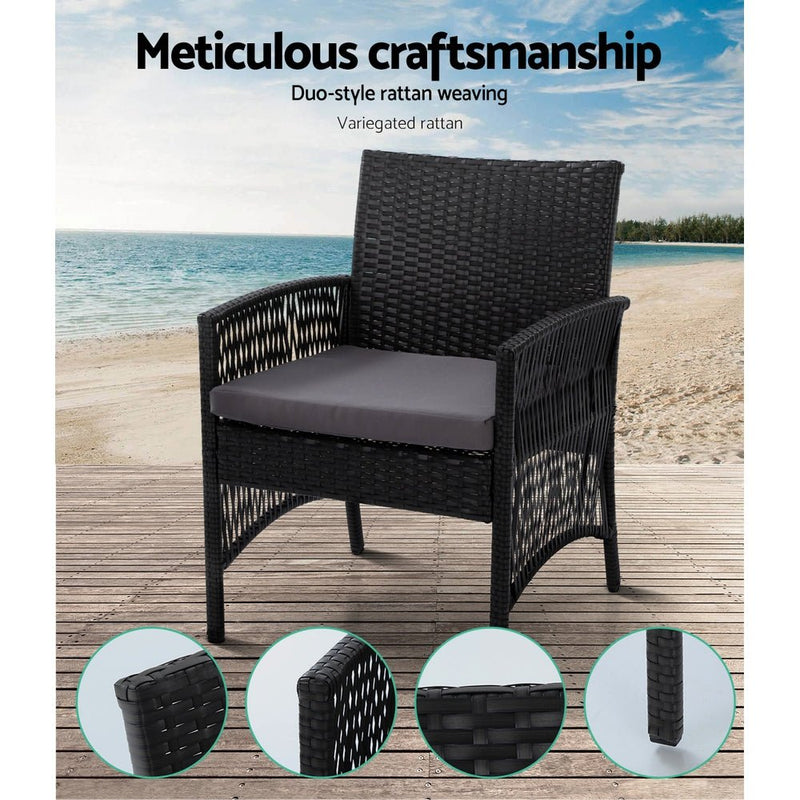 Furniture > Outdoor - Gardeon 4 PCS Outdoor Furniture Lounge Setting Wicker Dining Set Black - Garden Yard