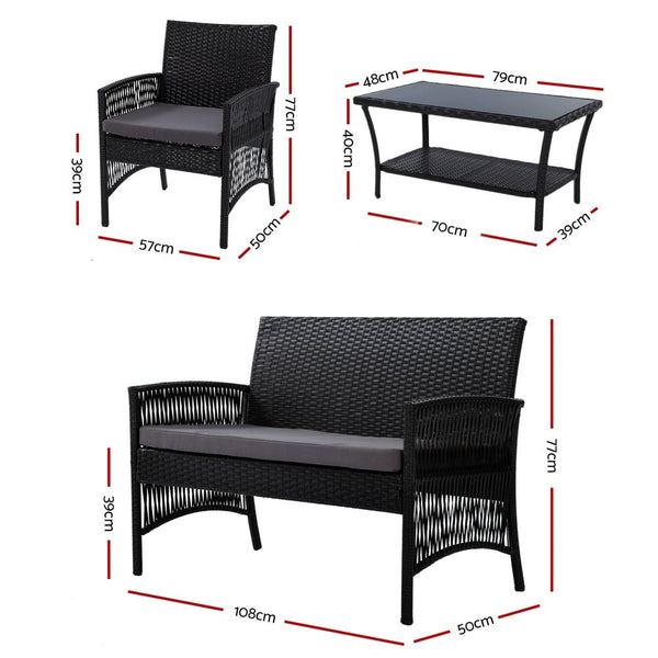 Furniture > Outdoor - Gardeon 4 PCS Outdoor Furniture Lounge Setting Wicker Dining Set Black - Garden Yard