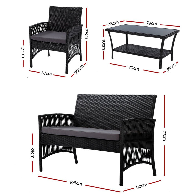 Furniture > Outdoor - Gardeon 4 PCS Outdoor Furniture Lounge Setting Wicker Dining Set Black - Garden Yard